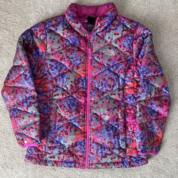 North Face Down Puffer Jacket Girls Large 14-16 Floral 550 Fill Aconagua Pink - Picture 1 of 7